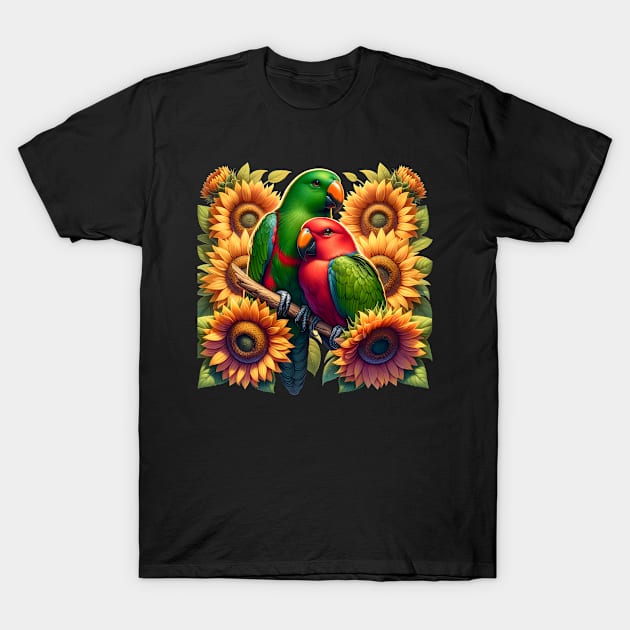 Eclectus Parrots Couple Male and Female with Sunflowers T-Shirt by NUMAcreations